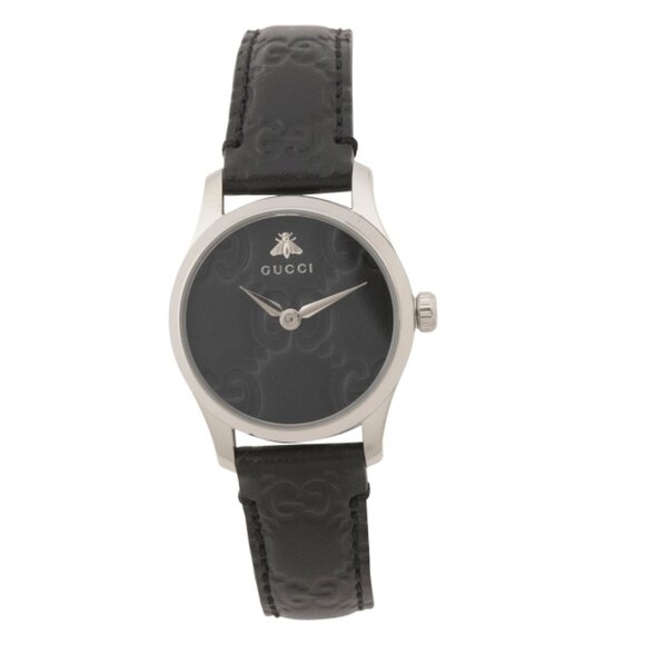 GUCCI Black Women's Swiss Made G Timeless Small Black Leather Logo Watch - Picture 1 of 2